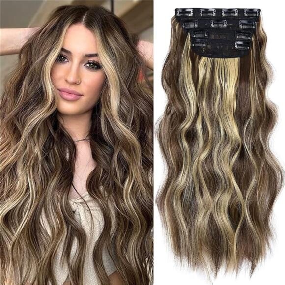 4PCS Clip in Hair Extensions, Blonde Brown